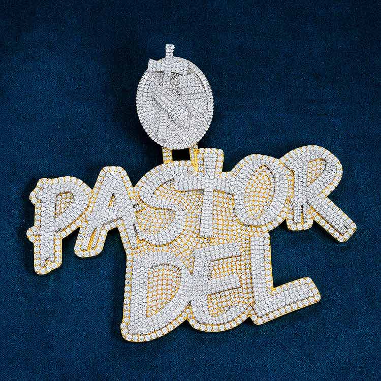 front 925 silver custom moissanite name pendant 14k two tone iceatl