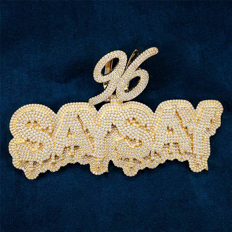 front 925 silver dripping letters mens custom moissanite name pendant 14k yellow gold