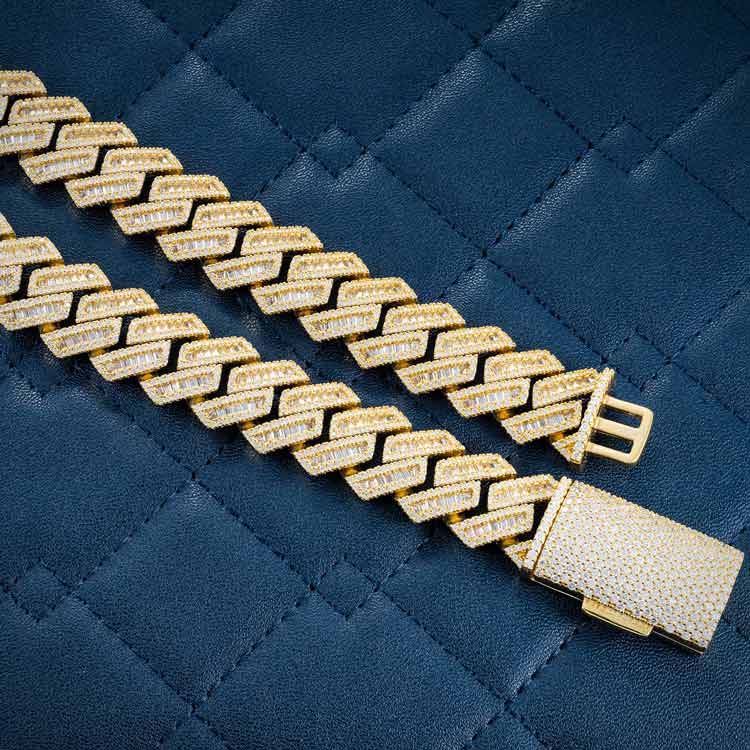 mens 15mm vvs moissanite baguette cuban link chain necklace 925 silver 14k yellow gold clasp