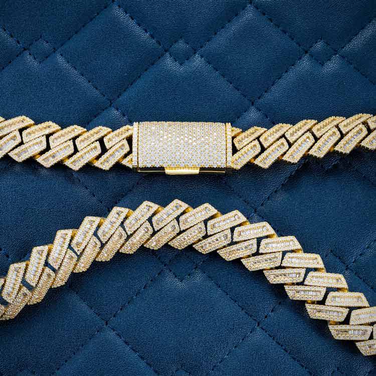 mens 15mm vvs moissanite baguette cuban link chain necklace 925 silver 14k yellow gold