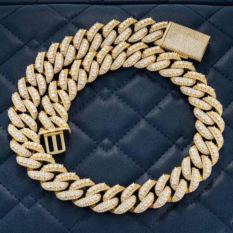 mens 20mm vvs moissanite prong miami cuban link chain necklace 925 silver 14k yellow gold
