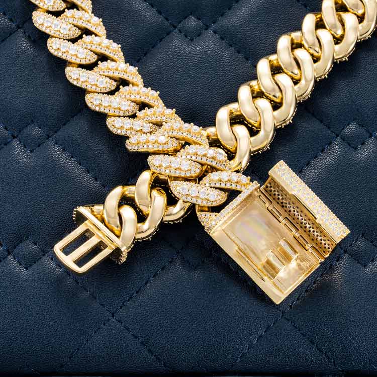 mens 20mm vvs moissanite prong miami cuban link chain necklace 925 silver yellow gold clasp