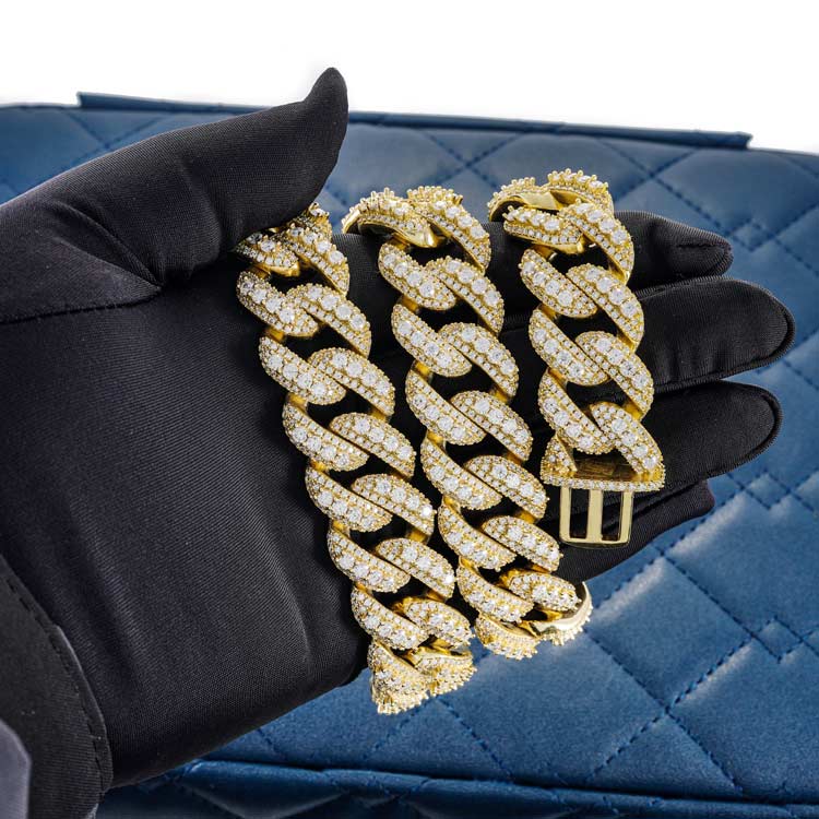 mens 20mm vvs moissanite prong miami cuban link chain necklace 925 silver yellow gold hand