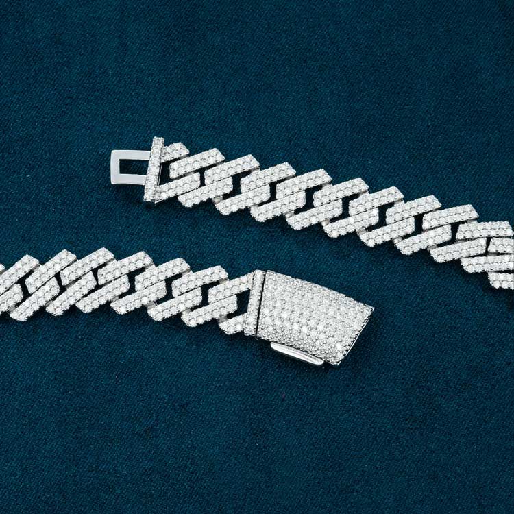 mens 925 silver 13mm moissanite cuban link chain necklace 14k white gold clasp