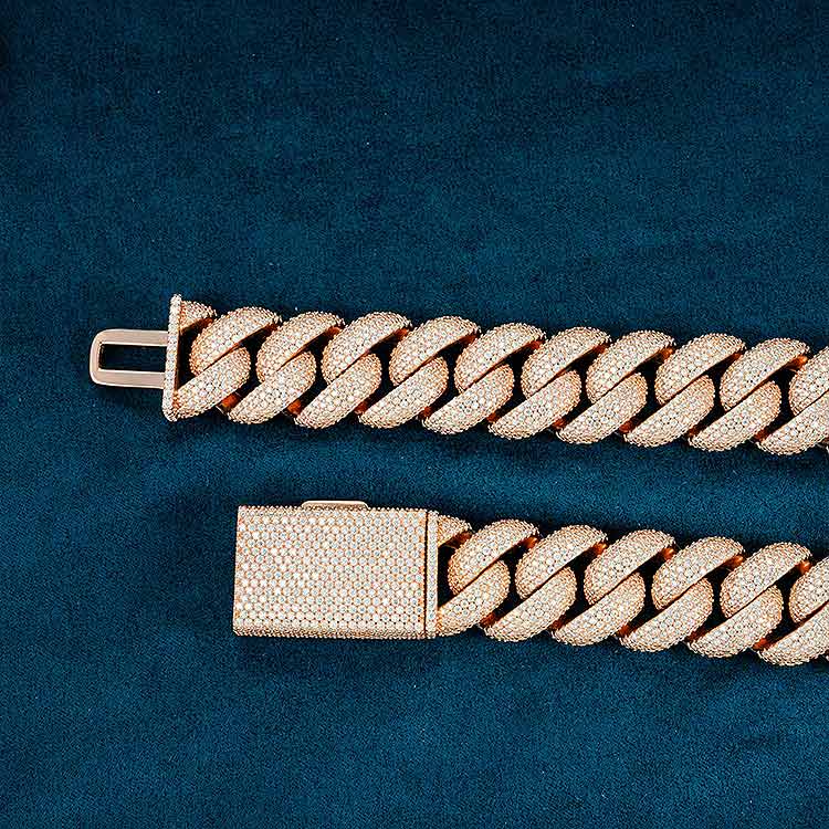 mens 925 silver 5 row 20mm moissanite cuban link chain necklace 10k rose gold box clasp