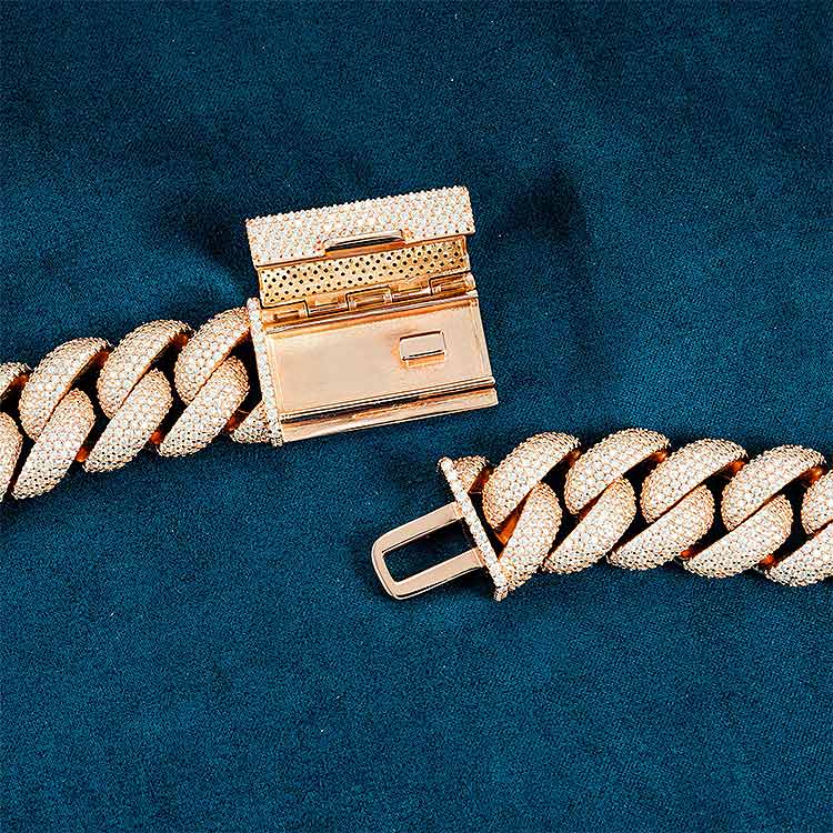 mens 925 silver 5 row 20mm moissanite cuban link chain necklace 10k rose gold clasp