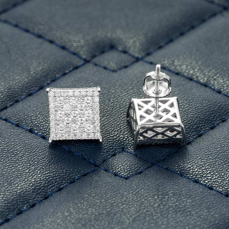 mens 9mm moissanite square cluster stud earrings 925 silver 14k white gold back