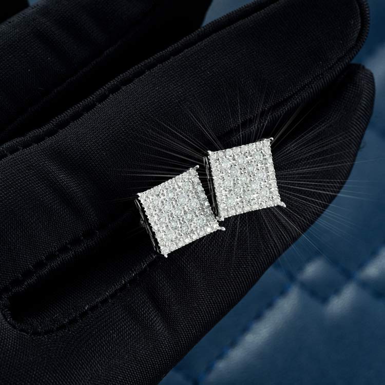 mens 9mm moissanite square cluster stud earrings 925 silver 14k white gold hand