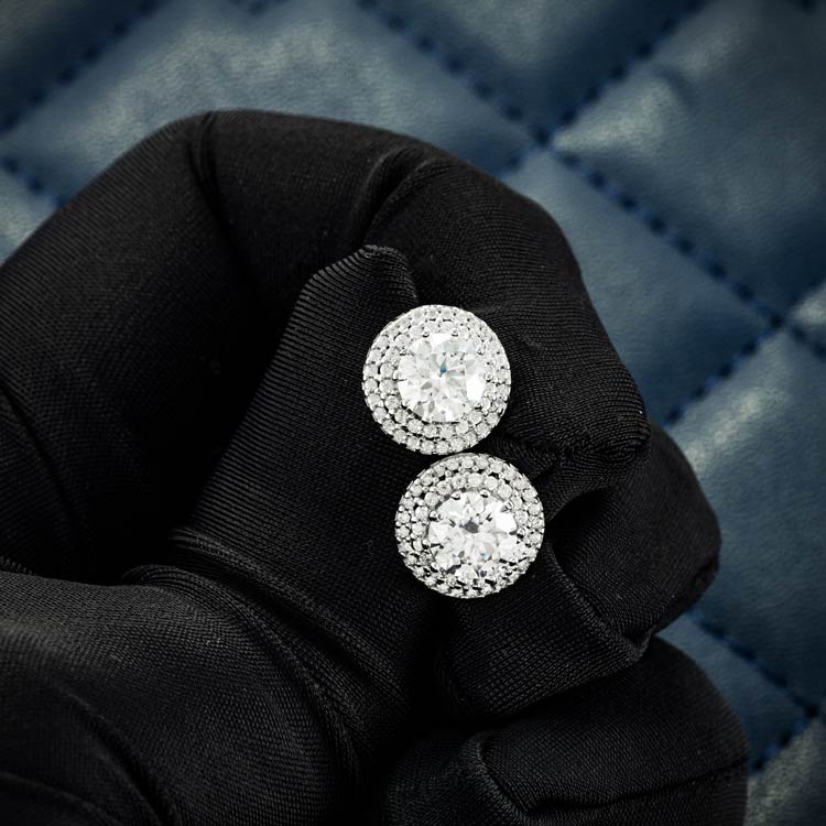 mens double halo screw back moissanite stud earrings 925 silver 14k white gold hand