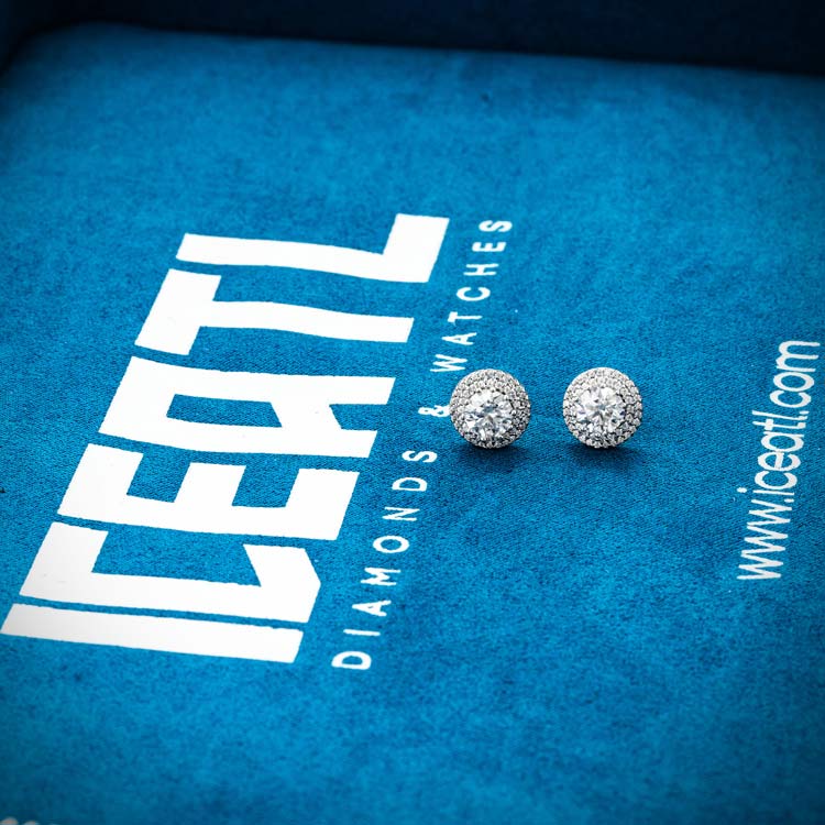 mens double halo screw back moissanite stud earrings 925 silver 14k white gold iceatl