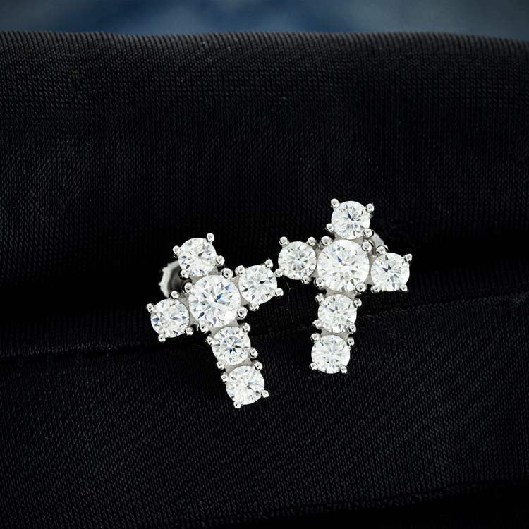 mens screw back moissanite cross earrings stud 925 silver hand 14k white gold