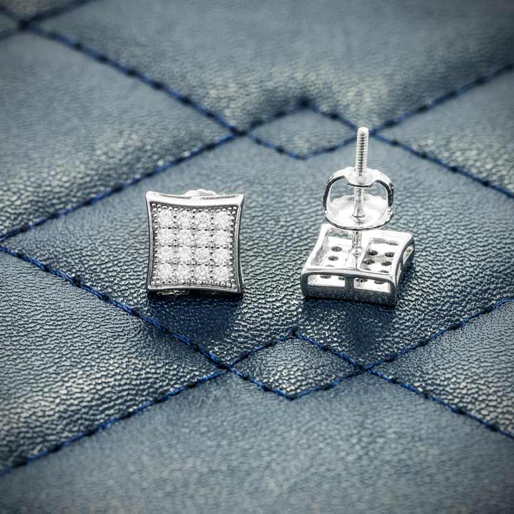 mens square moissanite stud earrings screw back 925 silver 14k white gold back