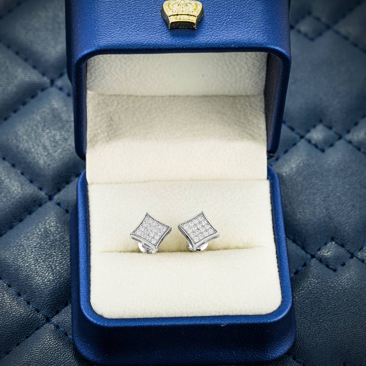 mens square moissanite stud earrings screw back 925 silver 14k white gold box