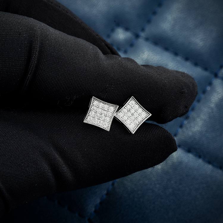mens square moissanite stud earrings screw back 925 silver 14k white gold hand