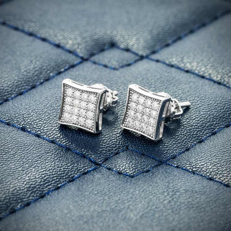 mens square moissanite stud earrings screw back 925 silver 14k white gold side