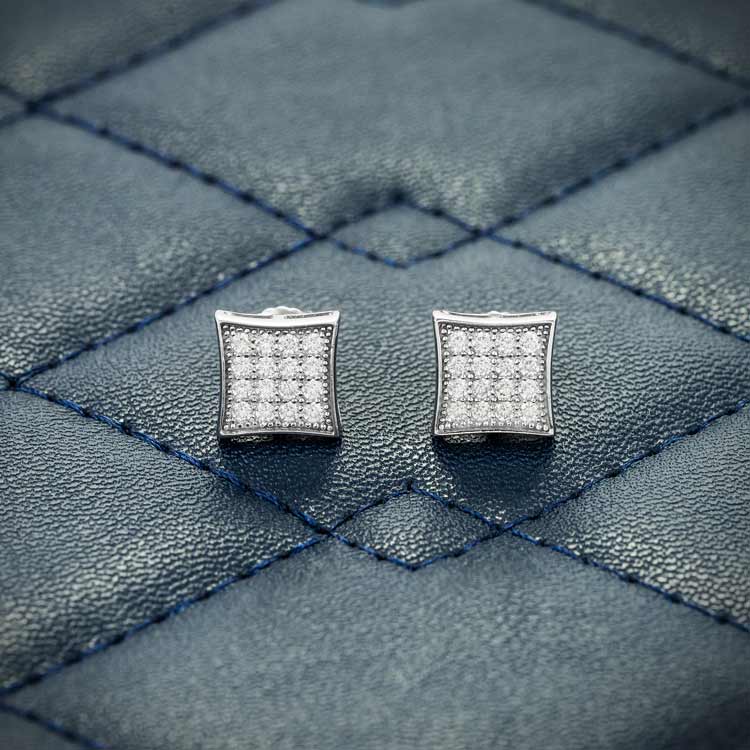 mens square moissanite stud earrings screw back 925 silver 14k  white gold