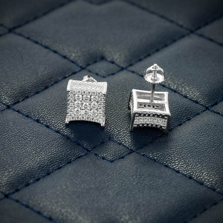 mens square stud moissanite cluster earrings screw back 925 silver 14k white gold back
