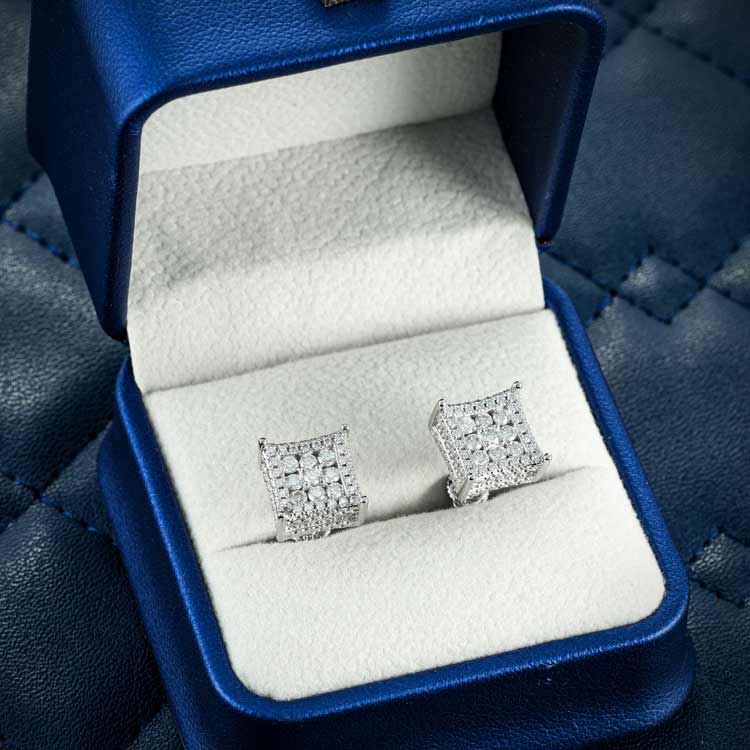 mens square stud moissanite cluster earrings screw back 925 silver 14k white gold box