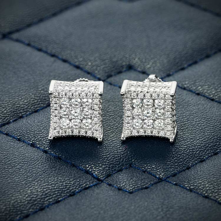 mens stud moissanite cluster earrings screw back 925 silver 14k white gold front