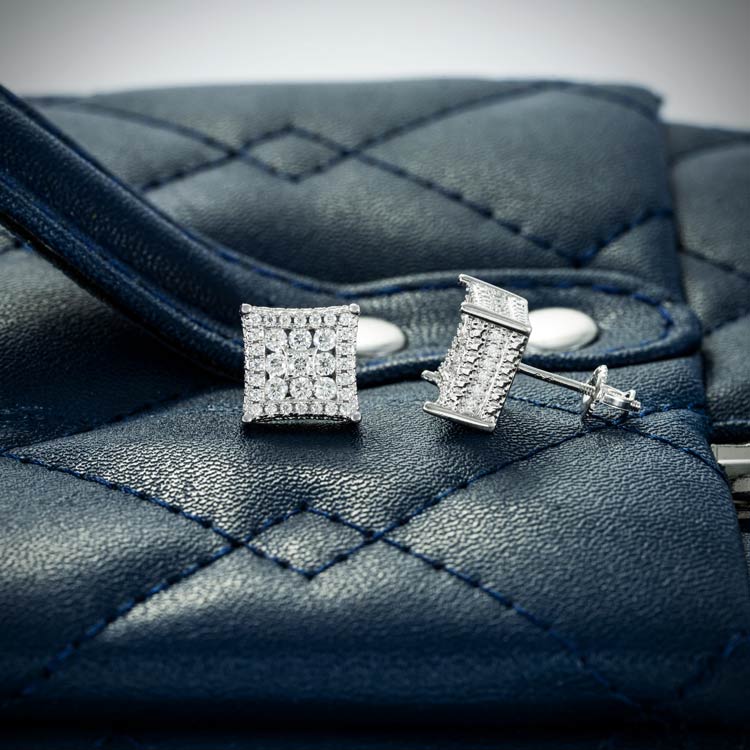 mens stud moissanite cluster earrings screw back 925 silver 14k white gold side