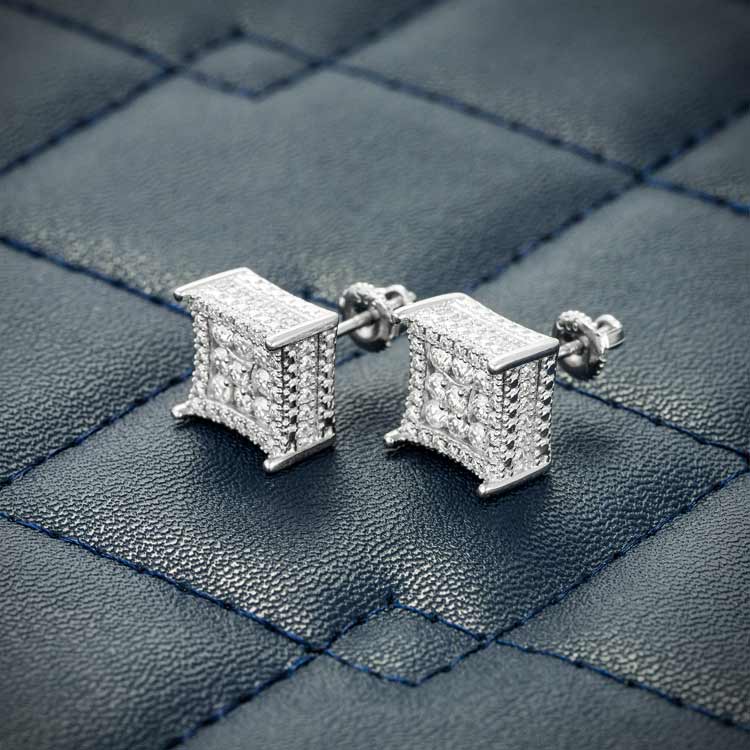mens stud moissanite cluster earrings screw back 925 silver 14k white gold