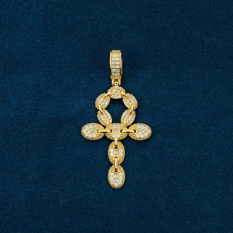 mens vvs moissanite ankh pendant hip hop 925 silver 14k yellow gold front