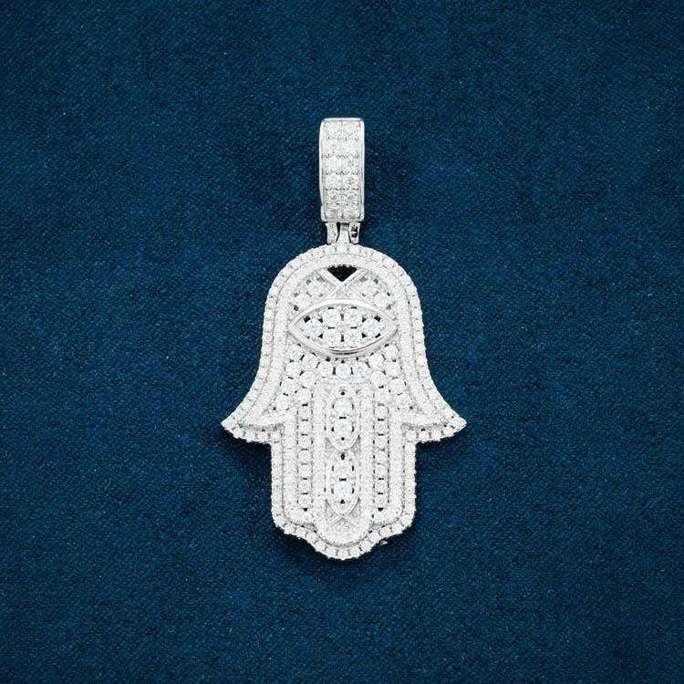 mens vvs moissanite hamsa hand pendant hip hop 925 silver 14k white gold front