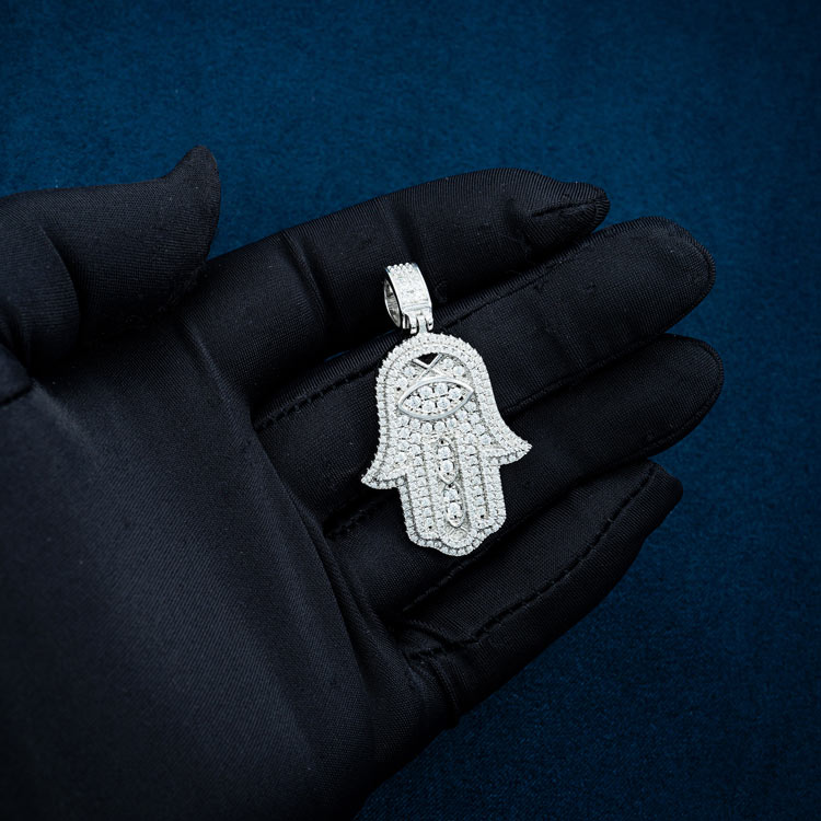 mens vvs moissanite hamsa hand pendant hip hop 925 silver 14k white gold small