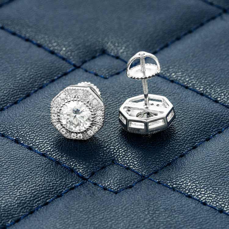 screw back Moissanite stud earrings white gold 925 silver front 14k white gold