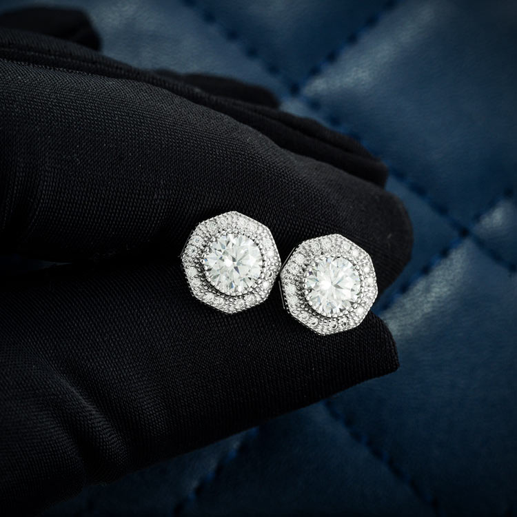 mens screw back Moissanite stud earrings screw back white gold 925 silver in hand 14k white gold