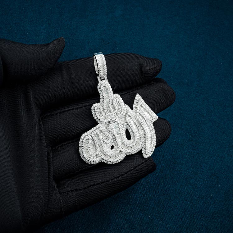 white gold moissanite allah pendant 925 sterling silver hand 14k white gold