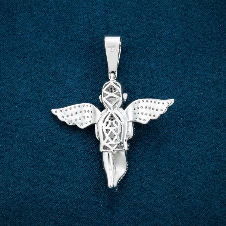 14k white gold moissanite angel pendant 925 sterling silver back