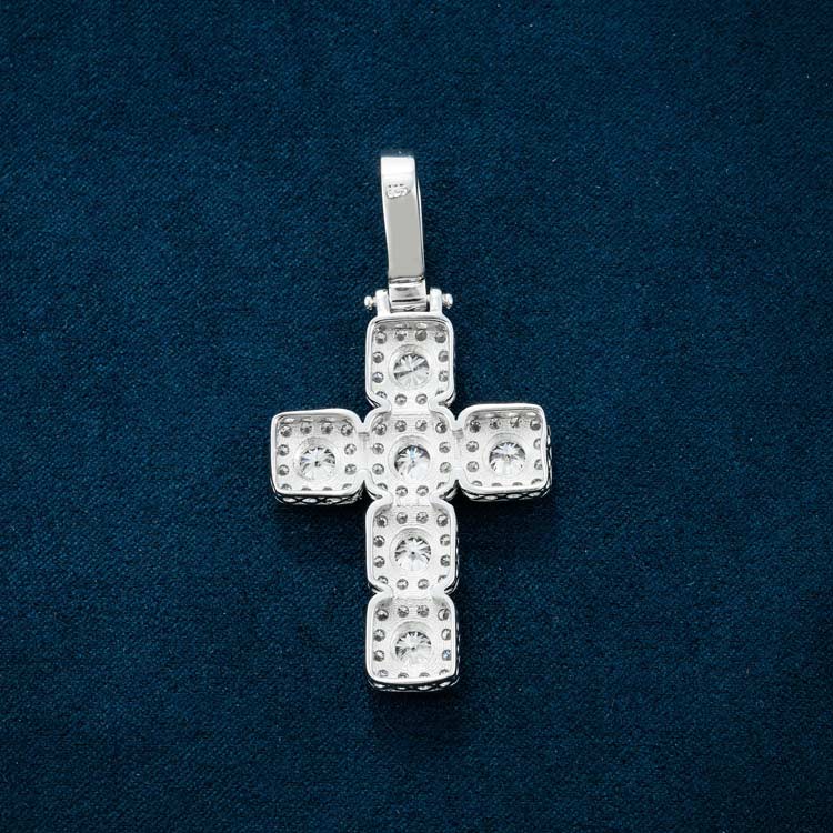 14k white gold moissanite halo cross pendant 925 sterling silver back