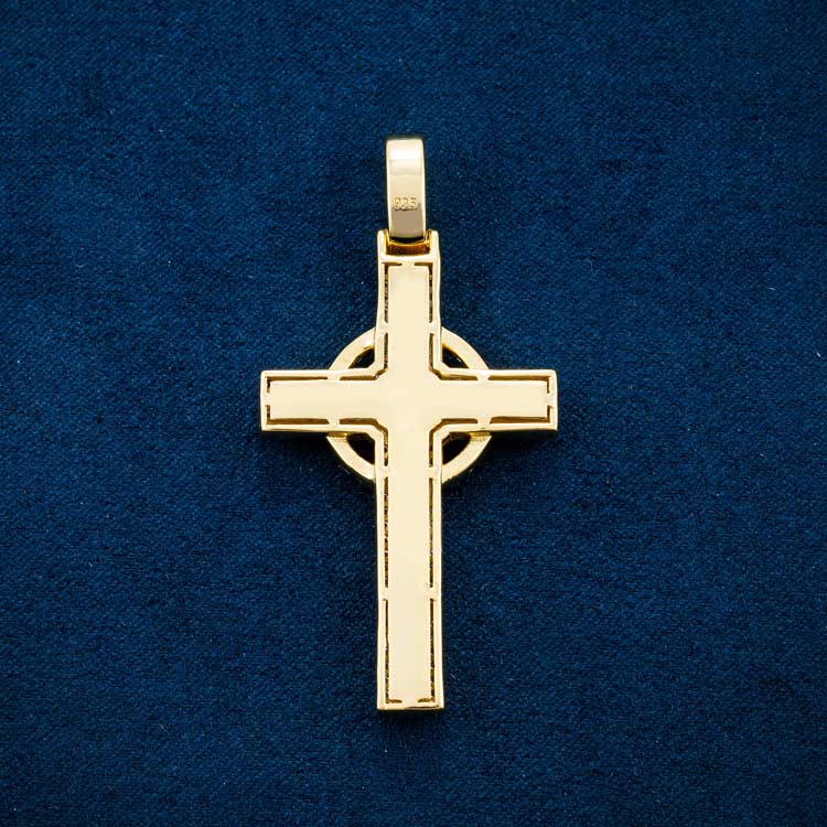 14k yellow gold moissanite celtic cross pendant 925 sterling silver back