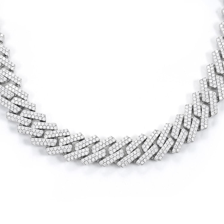 2 row 925 silver 18mm moissanite cuban link chain necklace 14k white gold