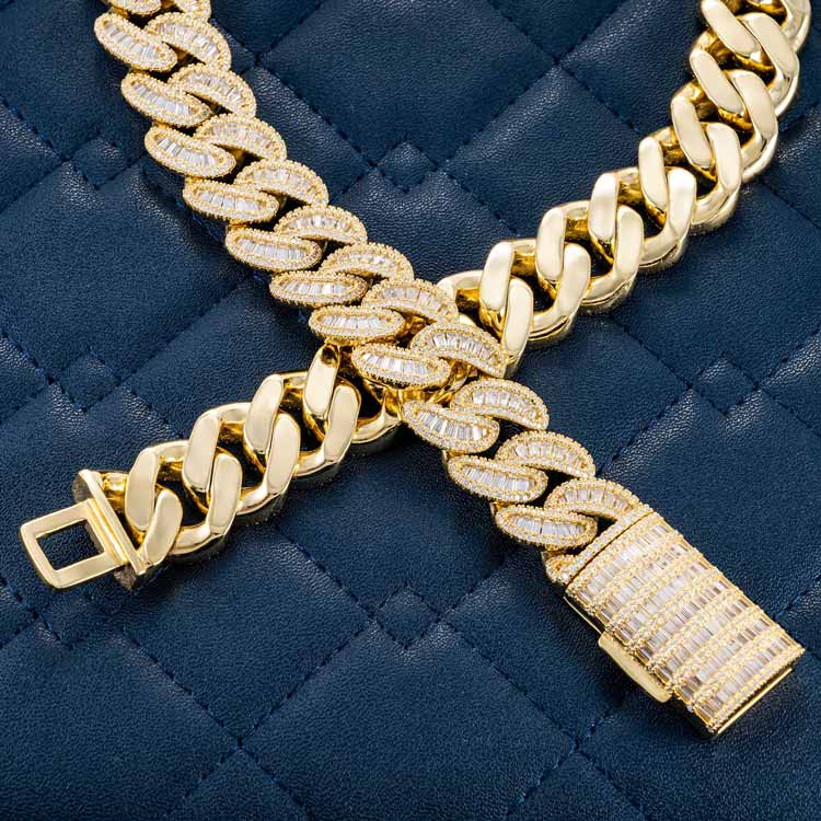 925 silver mens 20mm moissanite baguette miami cuban link chain necklace 14k yellow gold back