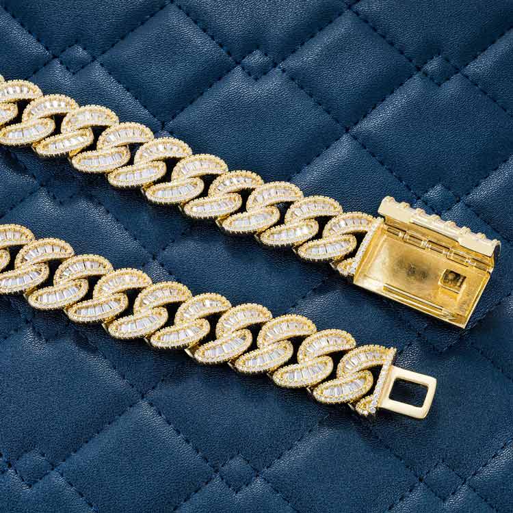 925 silver mens 20mm moissanite baguette miami cuban link chain necklace 14k yellow gold box clasp