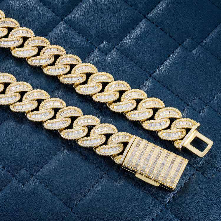 925 silver mens 20mm moissanite baguette miami cuban link chain necklace 14k yellow gold clasp