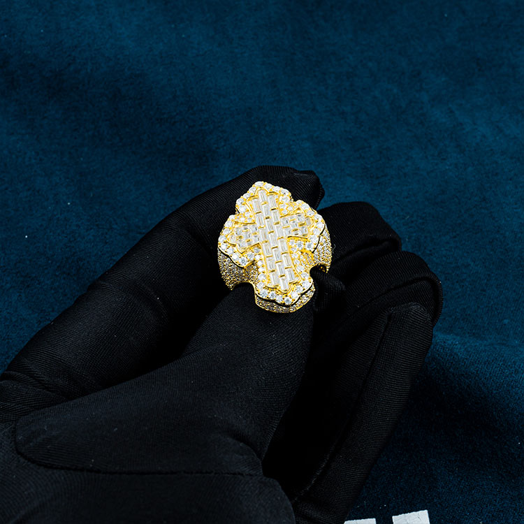 925 silver mens vvs moissanite baguette cross shaped ring 10k yellow gold hand