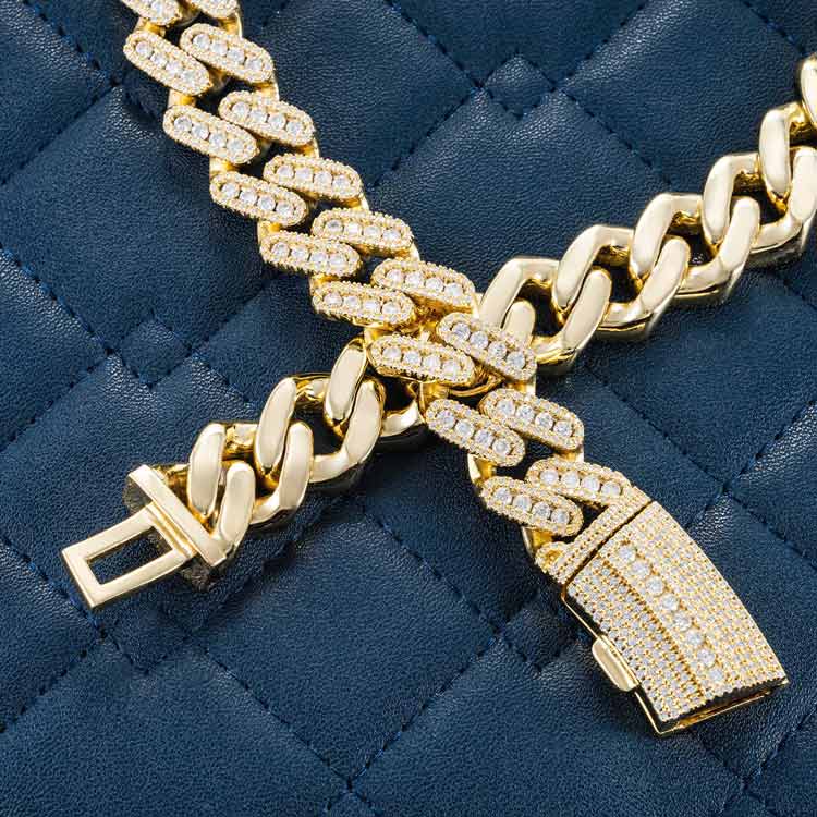 Mens 18mm moissanite miami cuban link chain necklace 925 silver 14k yellow gold box clasp