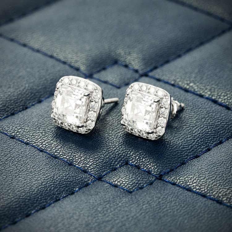 Mens halo screw back moissanite stud earrings 925 silver 14k white gold front