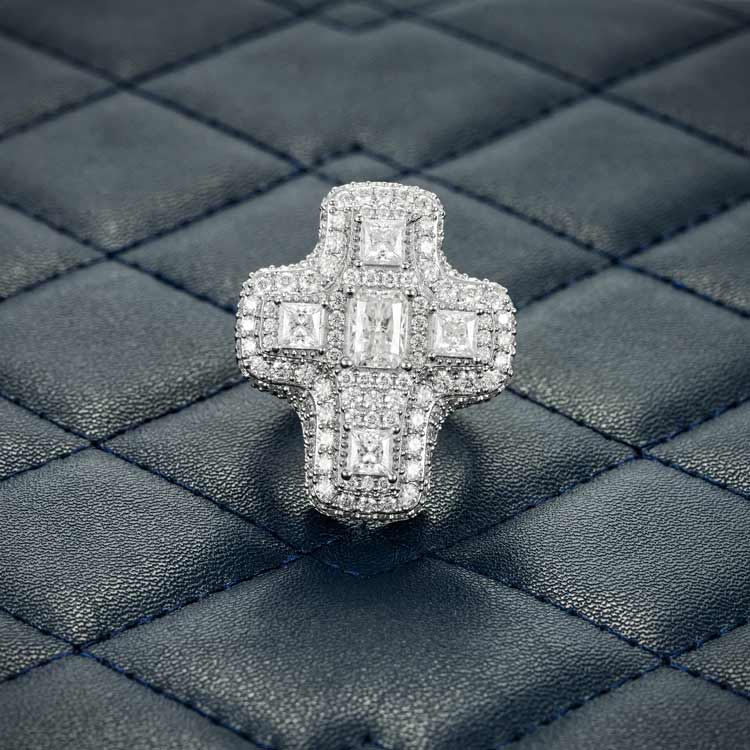 Mens moissanite baguette cross ring 925 silver 14k white gold front