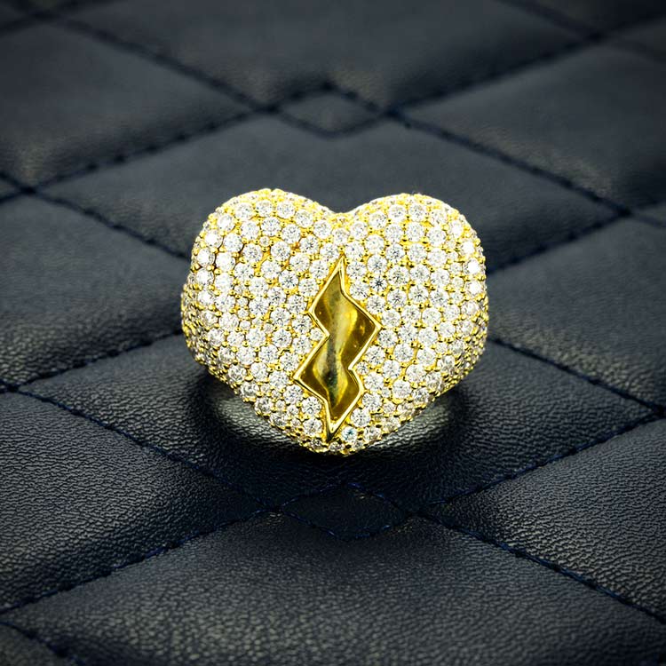 Mens moissanite broken heart shaped signet ring 925 silver 14k yellow gold front