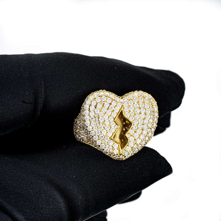 Mens moissanite broken heart shaped signet ring 925 silver 14k yellow gold hand