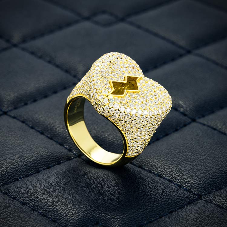 Mens moissanite broken heart shaped signet ring 925 silver 14k yellow gold