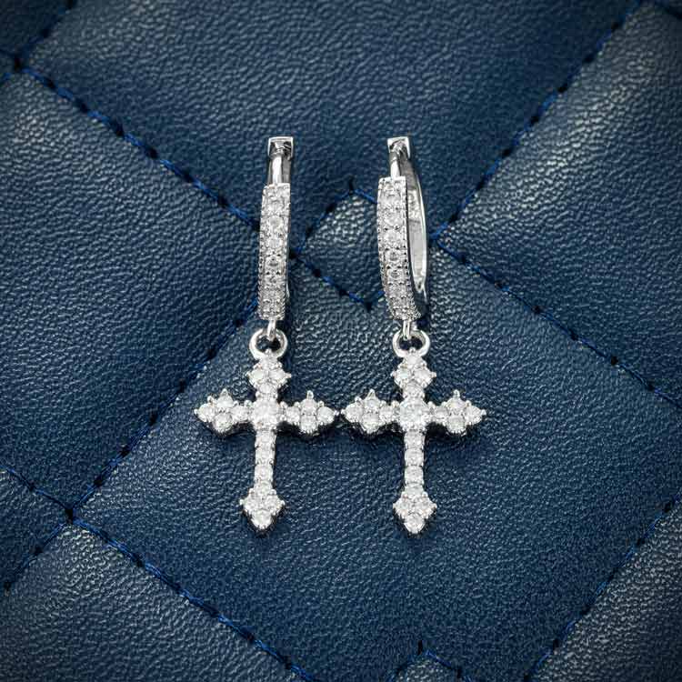 Mens moissanite cross dangle hoop earrings screw back 925 silver 14k white gold