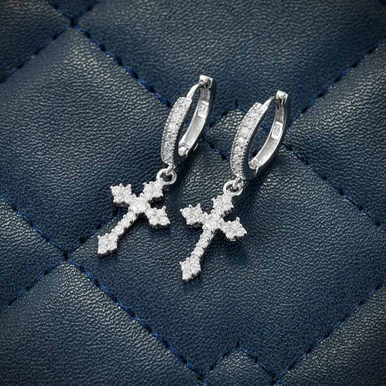 Mens moissanite cross dangle hoop earrings screw back 925 silver 14k white gold front