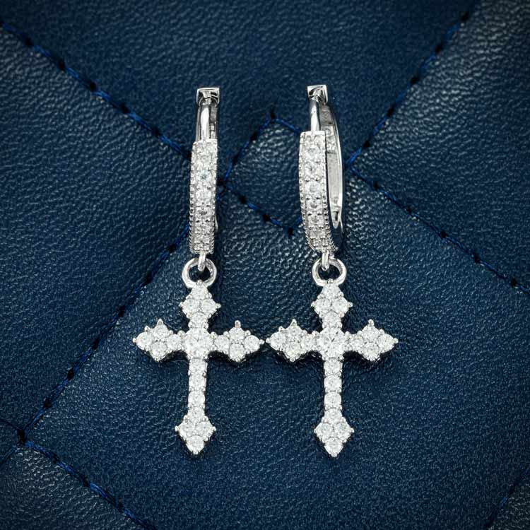 Mens moissanite cross dangle hoop earrings screw back 925 silver 14k white gold real