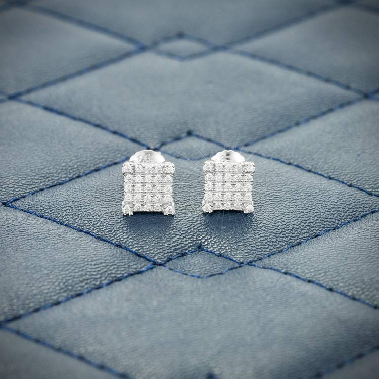 Mens moissanite square cluster stud earrings 925 silver 14k white gold front