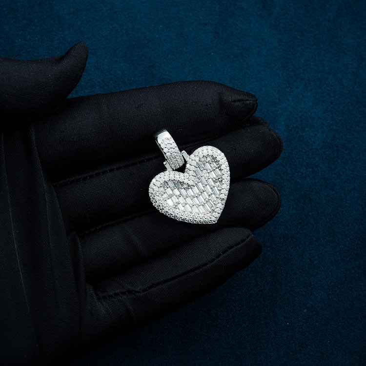 baguette moissanite heart pendant 14k white gold 925 sterling silver hand